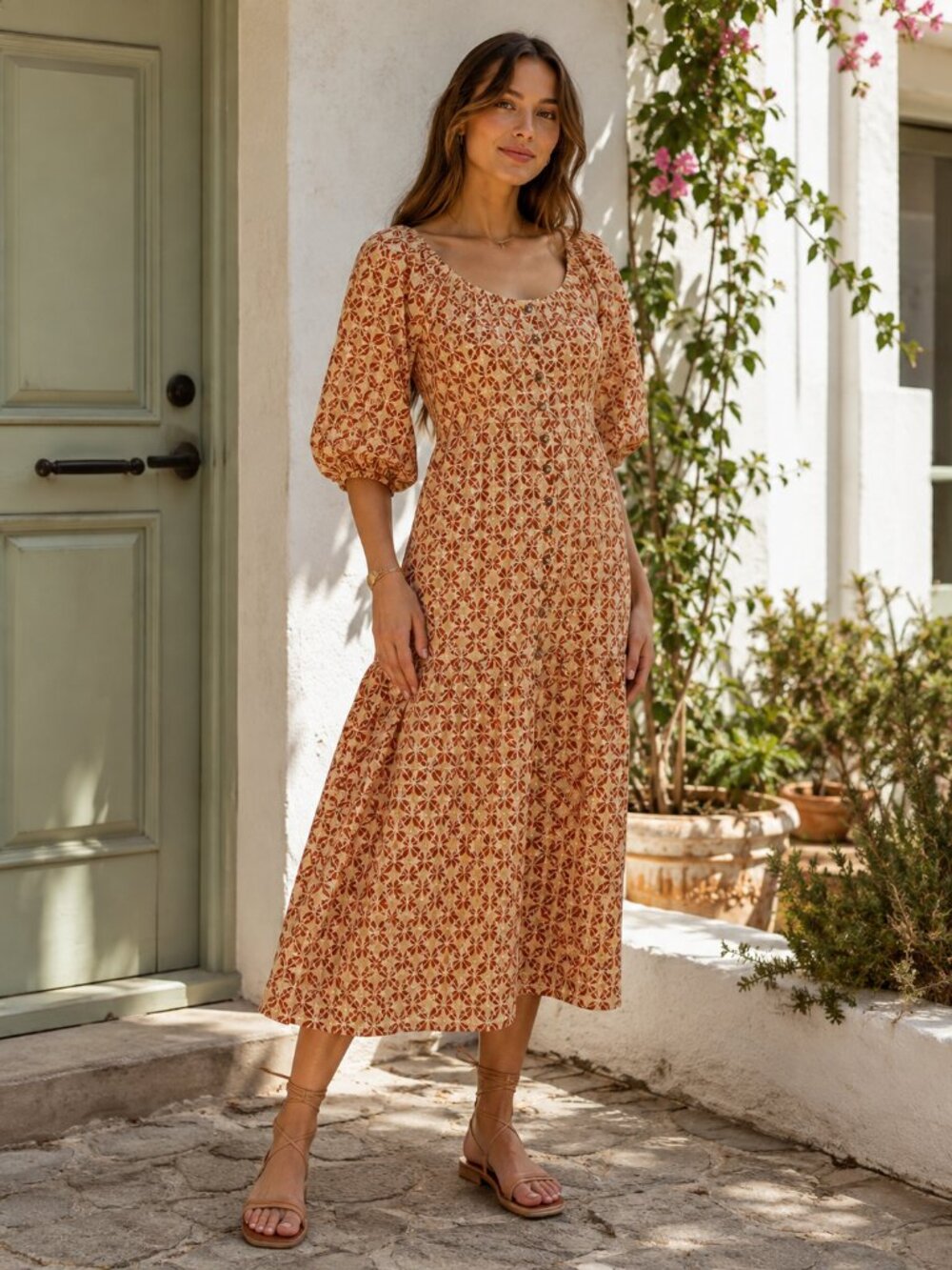 Lost + Wander Golden Dawn Orange Geometric Print Puff Sleeve Boho Maxi Dress S